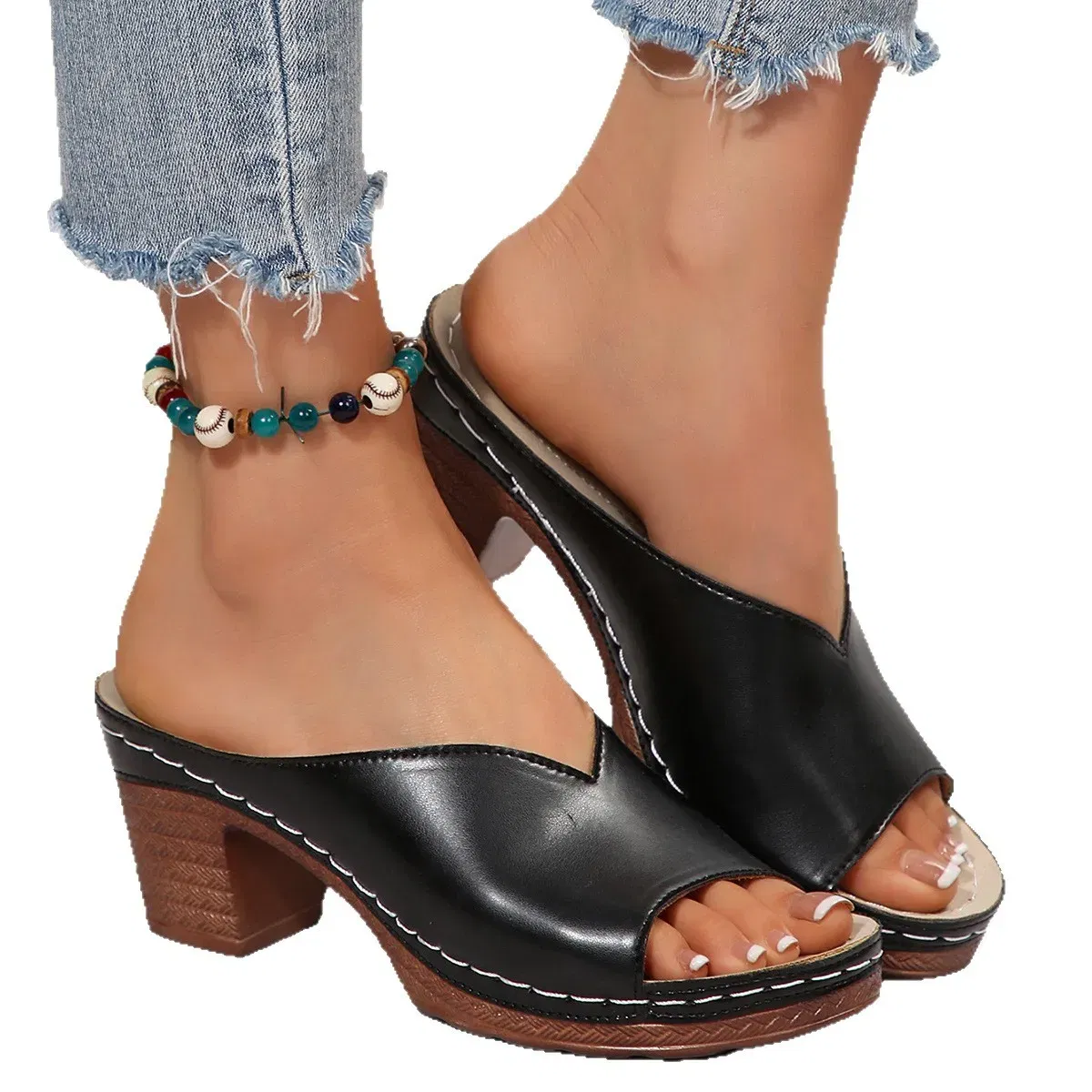 Color: black, Shoe Size: 37 - Women's Open-Toe High-Heel Slippers Summer New Fashion Outdoor Wear Slip-On Shoes 36-43 Sizes Polyurethane Upper Cushioning