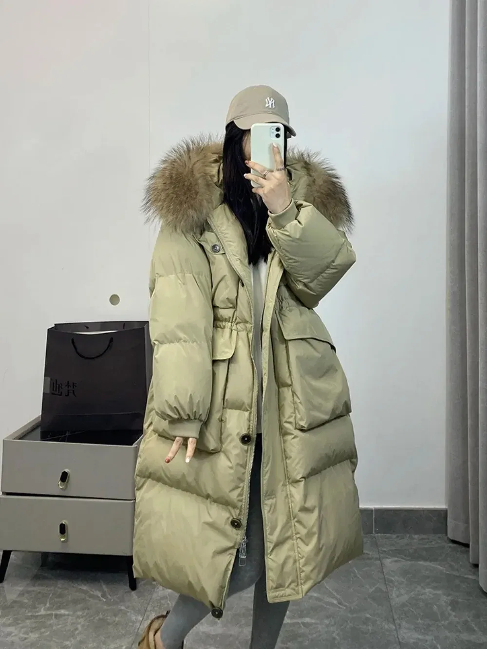 Color: RHODO, Size: M - Down Jacket Women Waterproof Winter Long Puffer Jacket 2024 Real Raccoon Fur Hooded Duck Down Coat Female Rain Feather Parkas