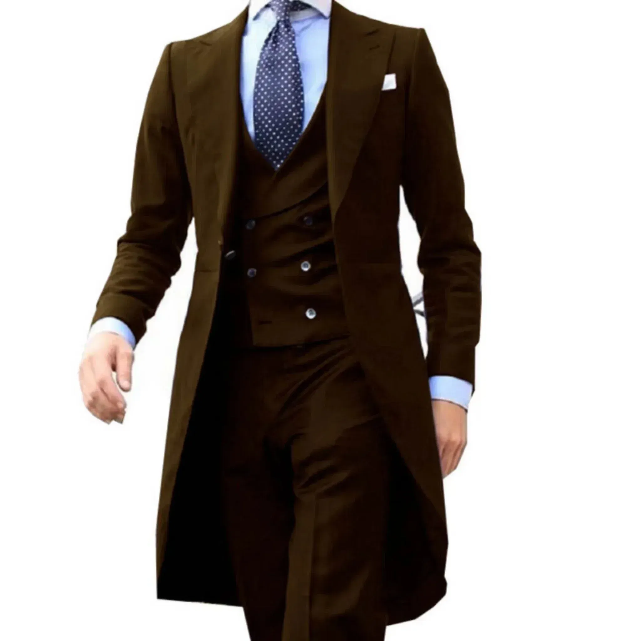 Color: Brown, Size: S - Elegant man suit Slim Fit Suit Luxury Formal Tuxedos Wedding 3 Pieces Blazer Vest Pants Set Long Tail Coat One Button Custom