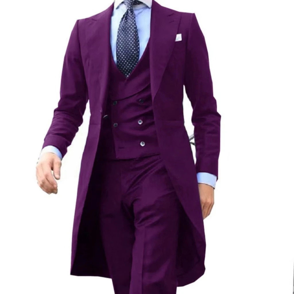 Color: Brown, Size: S - Elegant man suit Slim Fit Suit Luxury Formal Tuxedos Wedding 3 Pieces Blazer Vest Pants Set Long Tail Coat One Button Custom