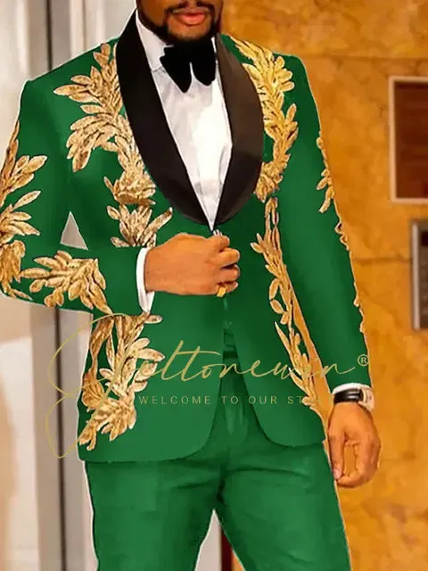 Color: green, Size: S - Luxury Groom Wedding Tuxedos Gold Sequins Appliques Black Men Suits Slim Fit Costume Homme Marriage Prom Suits