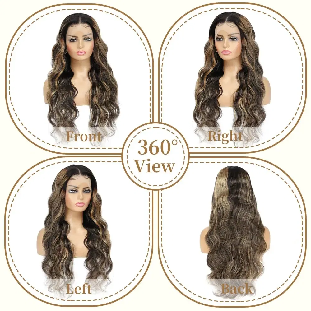 Hair Color: #6, Stretched Length: 24inches, Density: 180% - Highlight Blonde #1B/27 13X4 Lace Front Wigs Boday Wave Human Hair Transparent Lace Frontal Wigs Pre Plucked For Salon Quality
