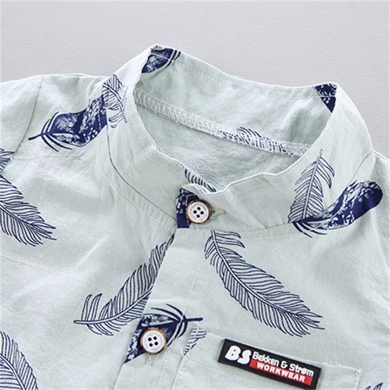 Color: green, Kid Size: 24M - 0-3 Year Old Baby Summer Feather Print Shirt Short Sleeve Suit