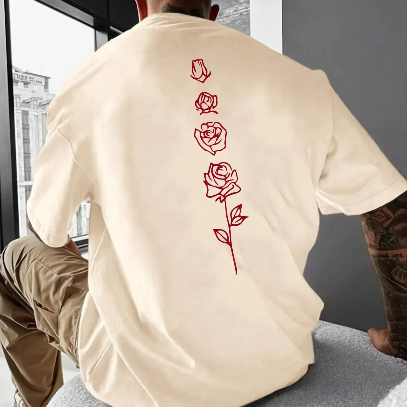 Color: Gold, Size: S - Men's Summer Loose Fit 100 Cotton Rose pattern Print T-shirt Tops