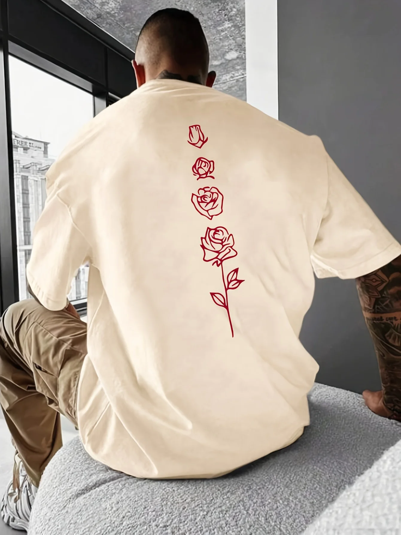 Color: Gold, Size: S - Men's Summer Loose Fit 100 Cotton Rose pattern Print T-shirt Tops