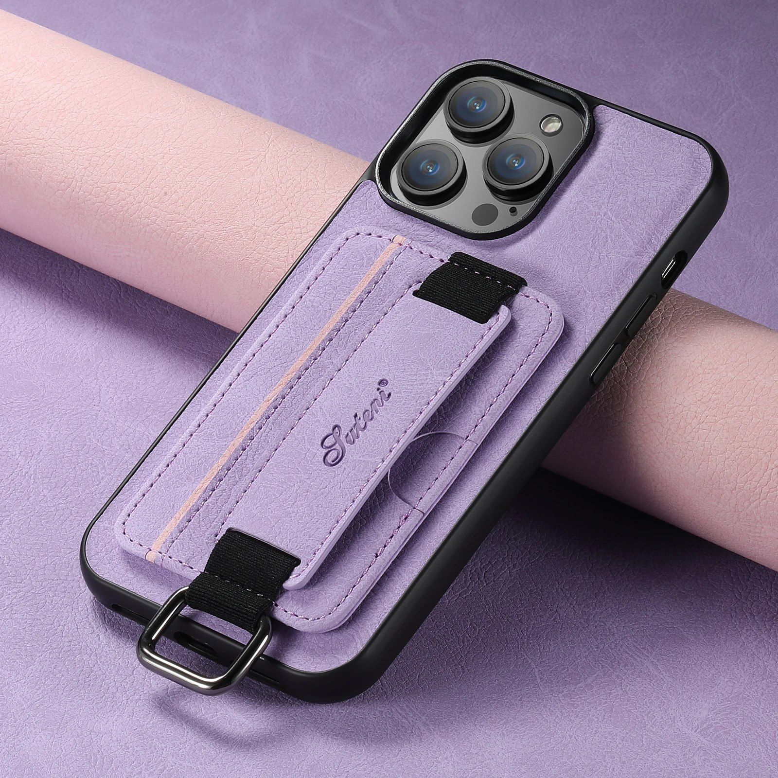 Color: PURPLE, Material: Denim - SUTENI Lychee skin print wrist strap card phone case Card holder for iPhone 16 ProMax 15 Plus 14 13 12 11 XR XS Black/blue/brown