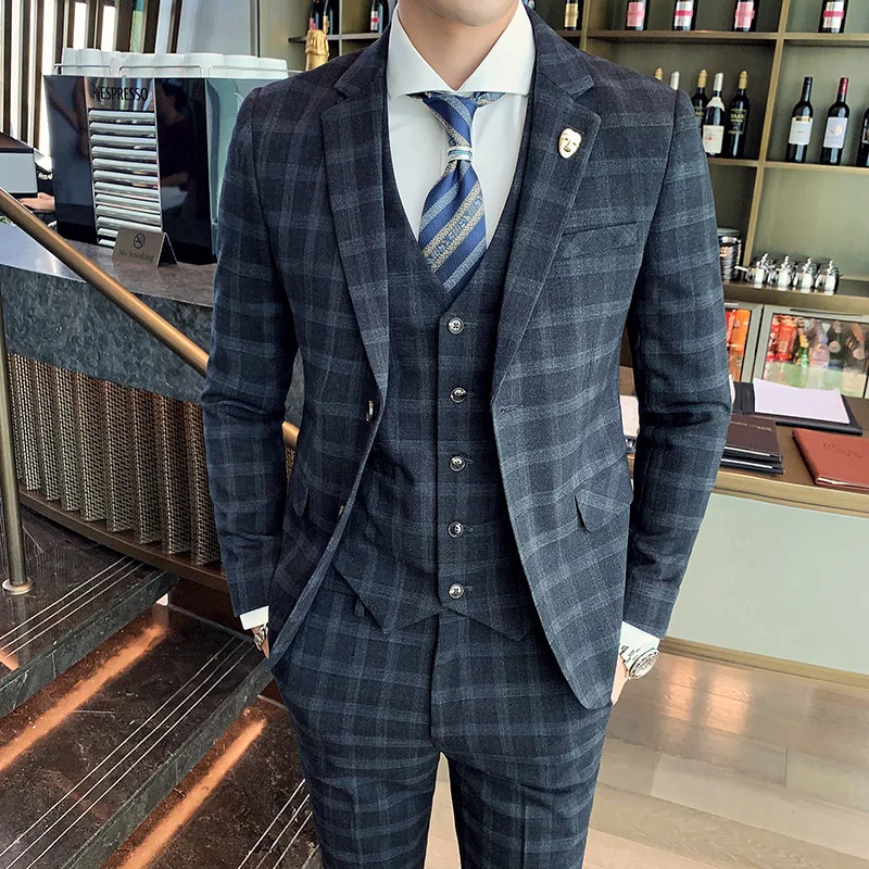 Color: Blue, Size: XXL - Gray Men Classic Striped/Checked Suits, Business Office 3 Piece, Asian Size Slim Fit Men Dress Jacket & Pants with Vest, S-4XL