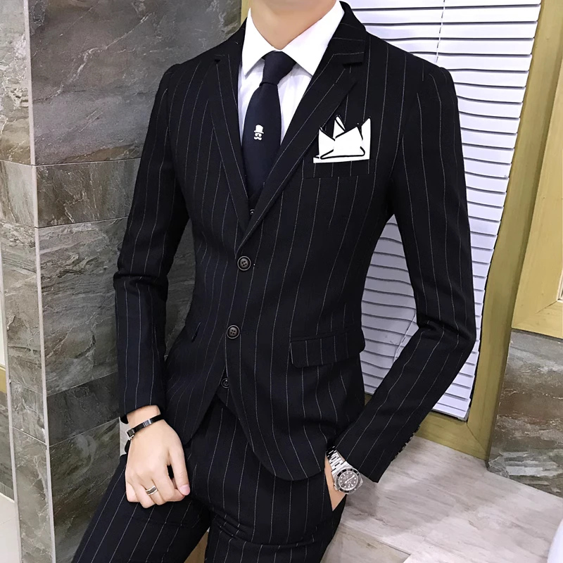 Color: Blue, Size: XXL - Gray Men Classic Striped/Checked Suits, Business Office 3 Piece, Asian Size Slim Fit Men Dress Jacket & Pants with Vest, S-4XL