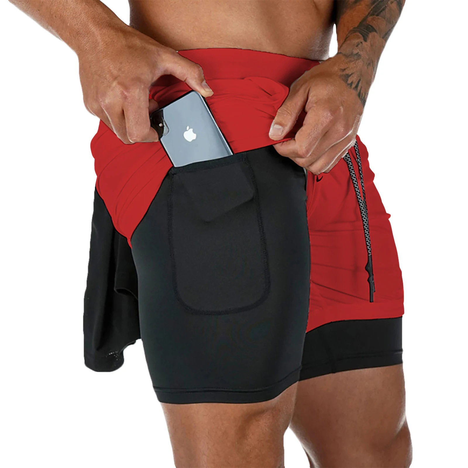 Color: Red, Size: XXL - Men's Double Layer Fitness Shorts Drawstring Mesh Lining Elastic Waist Breathable Quick Dry to Beach Pool Summer Male