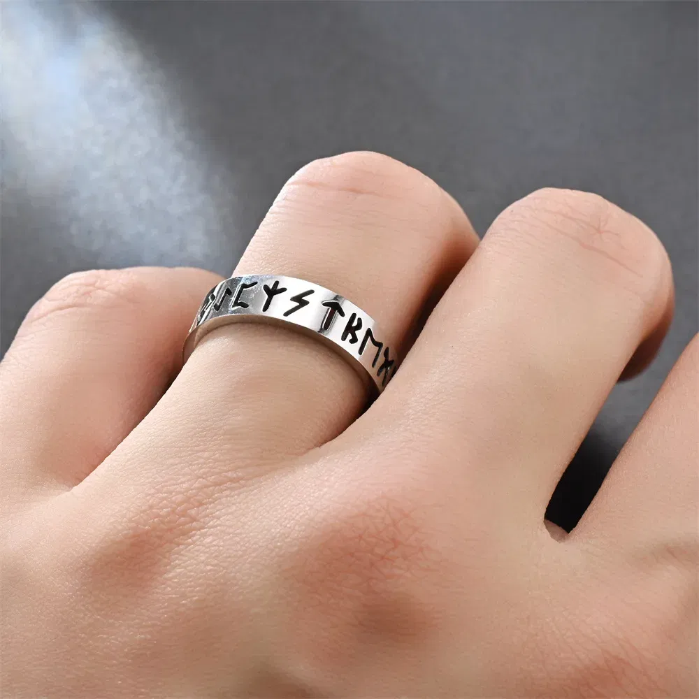 Main Stone Color: Black, Ring Size: 4.25 - 2023 New Stainless Steel Hollow Out Ring for Men Women Fashion Hollow Rune Design Finger Anillo Antiestres Anxiety Rings