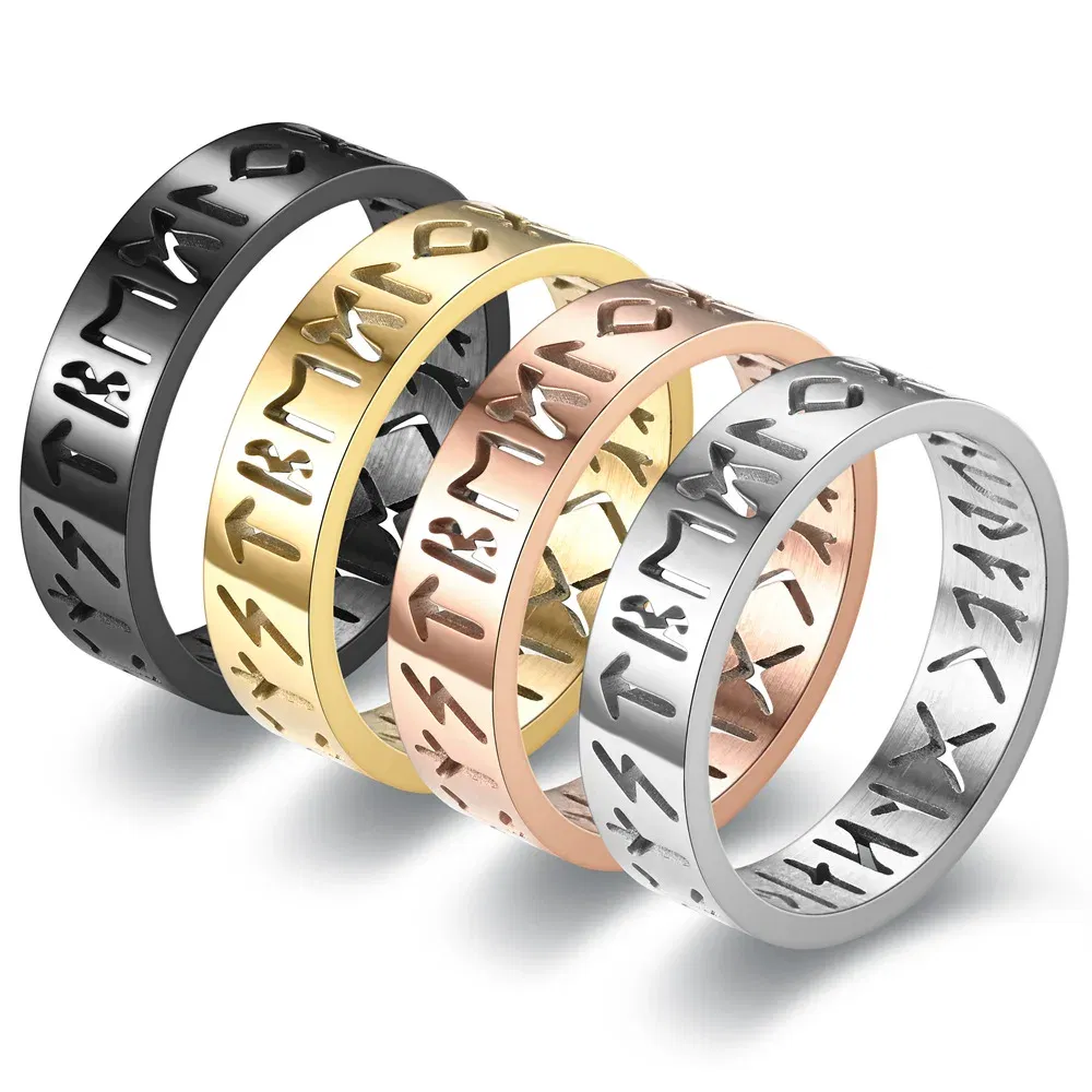 Main Stone Color: Black, Ring Size: 4.25 - 2023 New Stainless Steel Hollow Out Ring for Men Women Fashion Hollow Rune Design Finger Anillo Antiestres Anxiety Rings