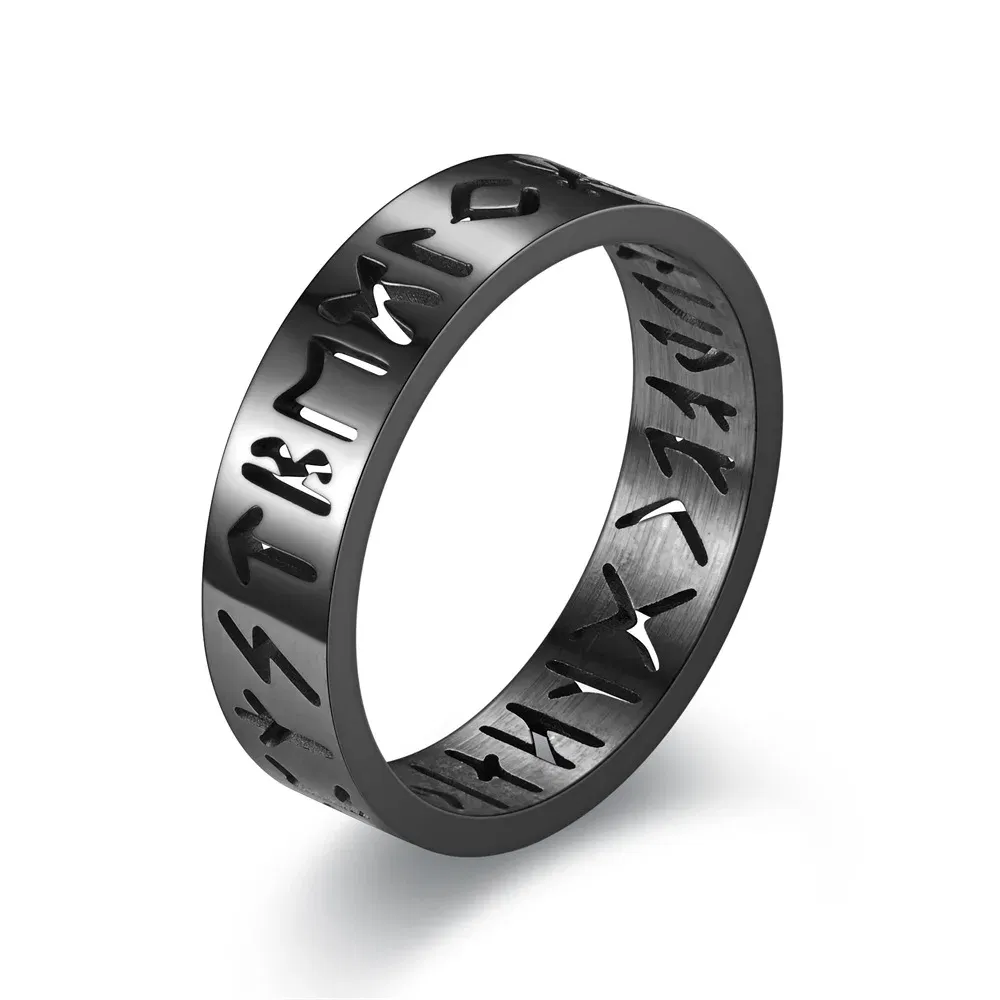 Main Stone Color: Black, Ring Size: 4.25 - 2023 New Stainless Steel Hollow Out Ring for Men Women Fashion Hollow Rune Design Finger Anillo Antiestres Anxiety Rings