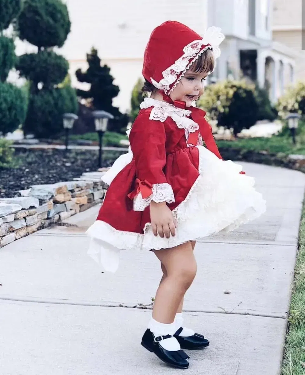Kid Size: 26 - 4PCS Baby Girl Autumn Winter Spring Red Velvet Vintage Spanish Princess Dress Lolita Christmas Birthday Wedding Party C1