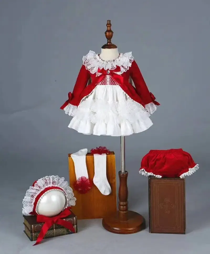 Kid Size: 26 - 4PCS Baby Girl Autumn Winter Spring Red Velvet Vintage Spanish Princess Dress Lolita Christmas Birthday Wedding Party C1