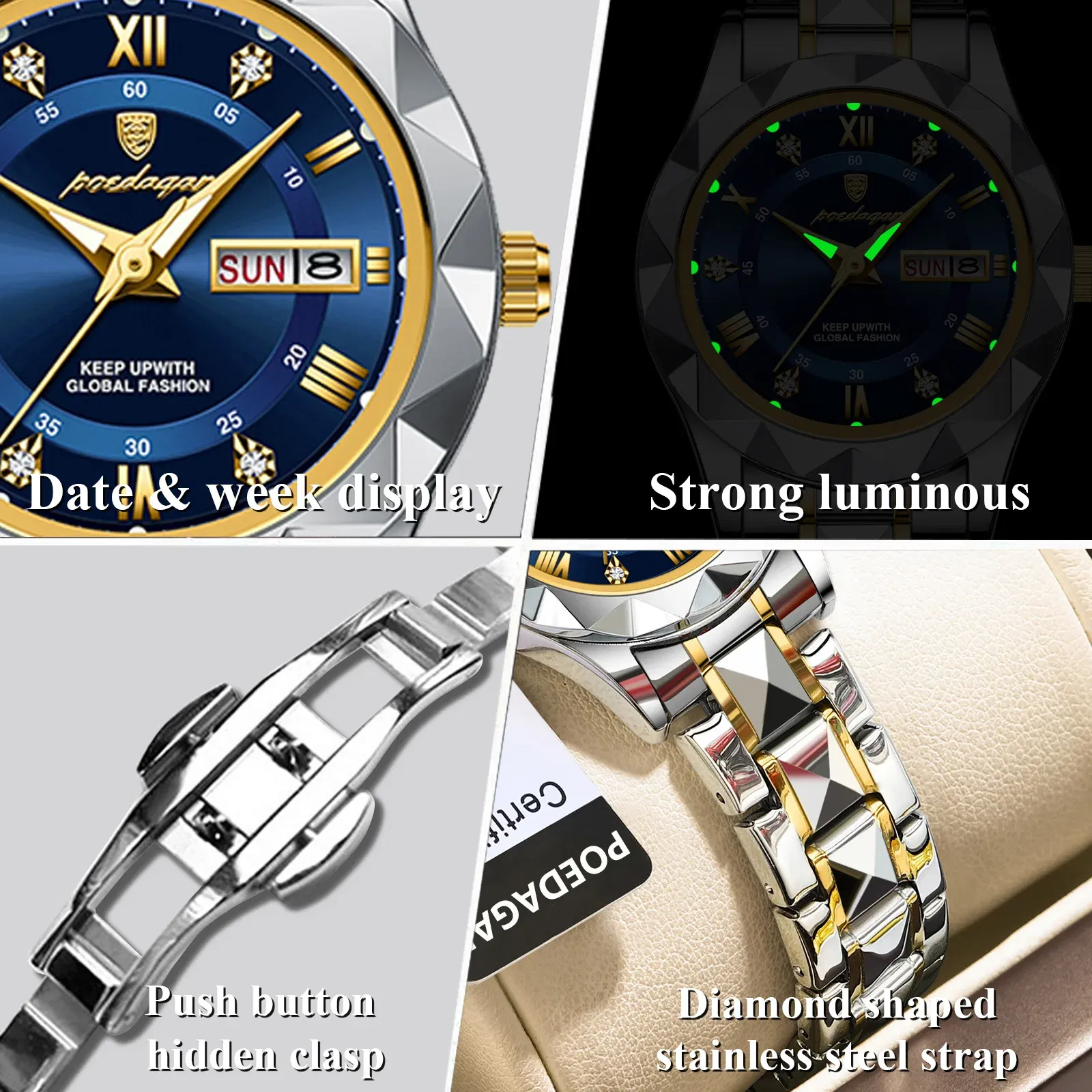 Color: Coffee - POEDAGAR Luxury Ladies Dress Watch Luminous Waterproof Week Date Woman Wristwatch Stainless Steel Women Quartz Watches reloj+box