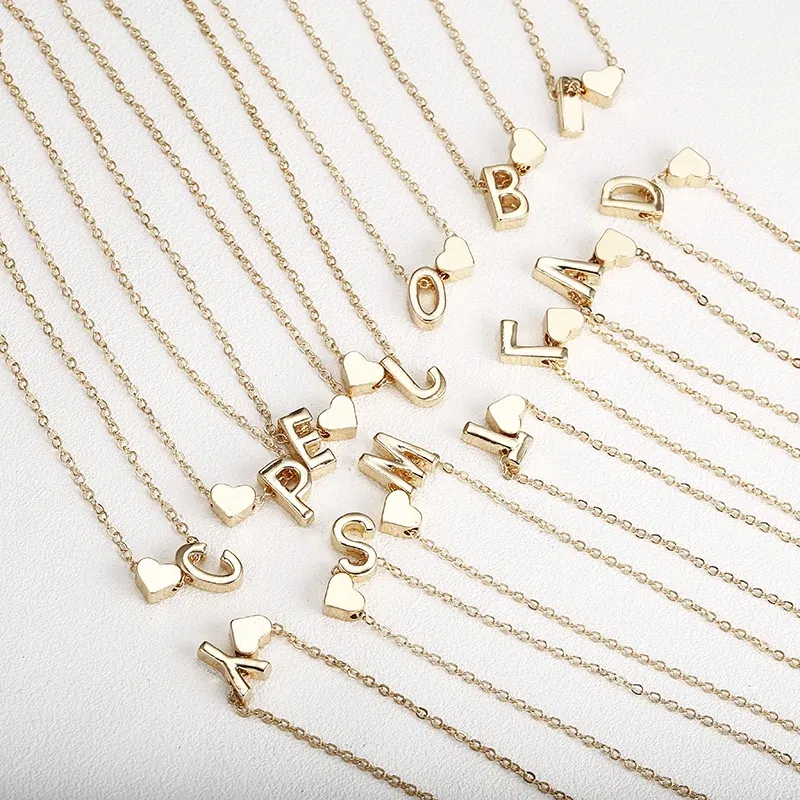 Metal Color: Platinum Plated - Fashion Tiny Heart Dainty Initial Necklace With Letter Name Choker Necklace For Women Pendant Jewelry Accessories Gift