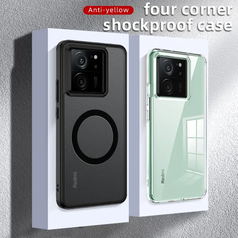 Color: Red, Material: Cotton Fabric - Matte & Clear Magnetic Wireless Charging Armor Magsafe Case For Xiaomi 14 13T Mi 13T 14 Mi13T Pro Military Shockproof Back Cover