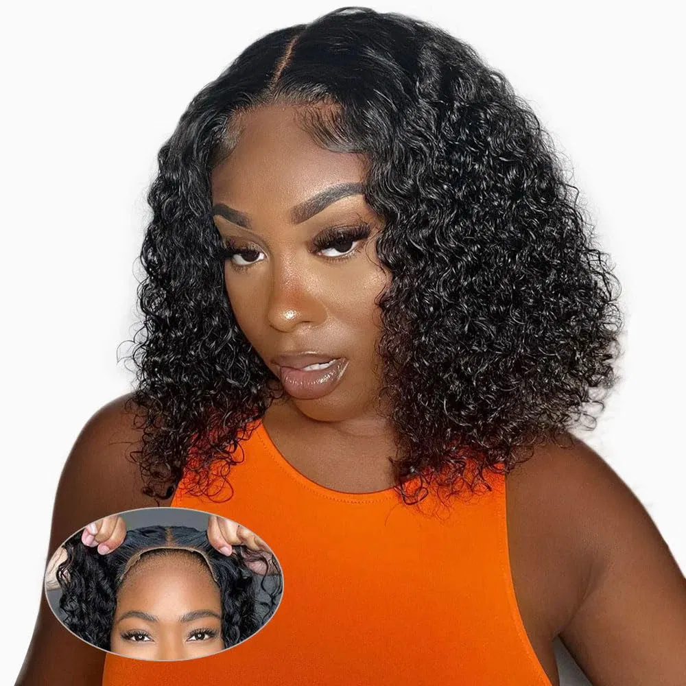 Hair Color: #1B, Ships From: CHINA, Stretched Length: 16inches, Density: 150% - Wear and Go Water Wave Glueless Bob Wigs Pre-plucked 7x5 HD Lace Closure Wig Pre-cut Lace Frontal Bob Wigs With Bleached Knots