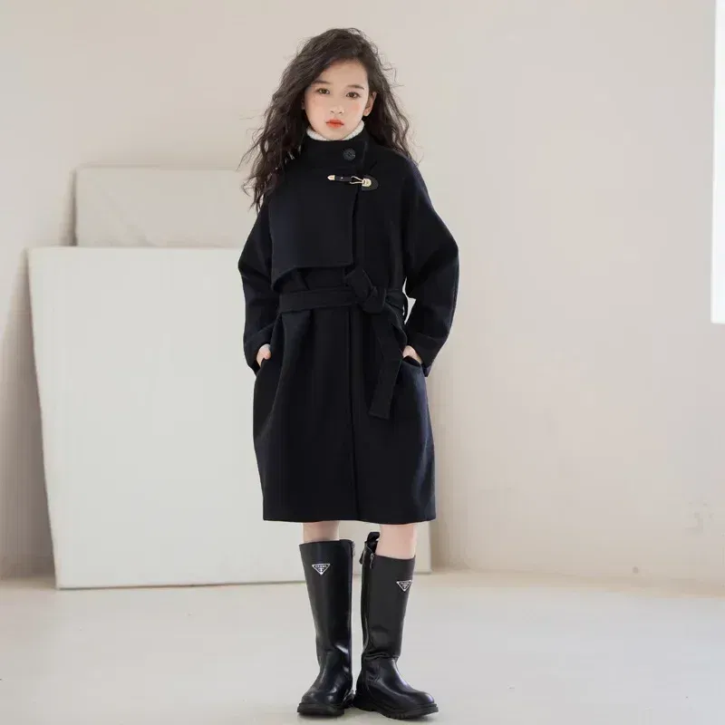 Color: black, Kid Size: 2T - Winter Girls Wool Coat Long Double-faced Tweed Overcoat for Kids Fashion Casual Grey 10 12 14 Years Teenage Children Outerwear