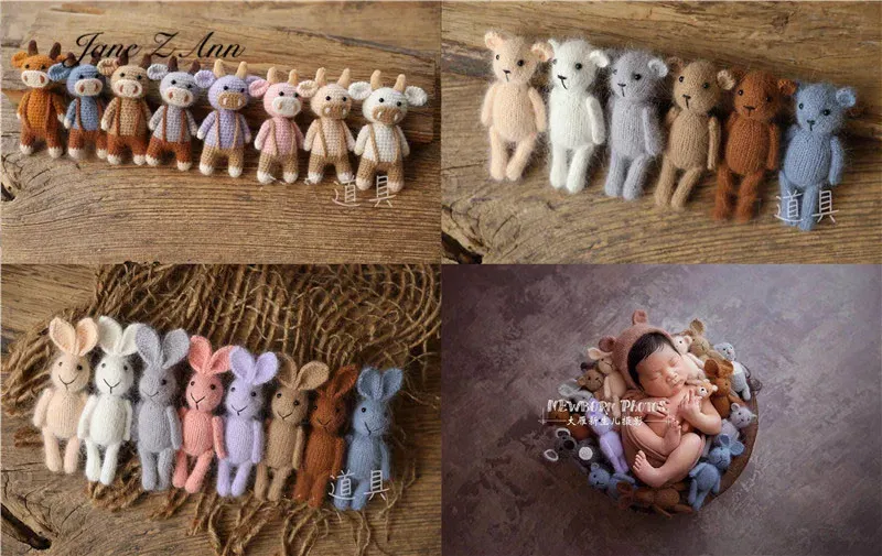 Color: Beige, Size: ONE SIZE - Handmade mink plush dolls knitted calf rabbit bear mouse newborn full moon photography props