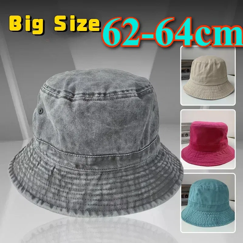 Color: black, Size: XS?€old?‰ - Korean Big Head Washed Denim Bucket Hats Men Cotton Sun Hat Plus Size 64cm Oversize Bob Panama Unisex Big Size Fisherman Cap