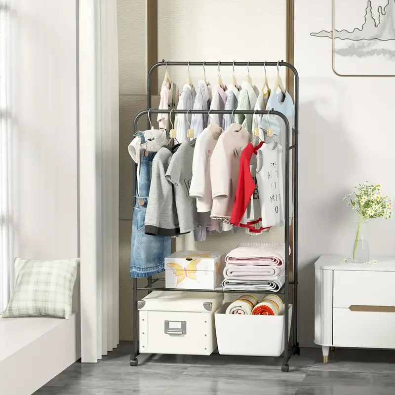 Mobile Double Rail Clothes Rack with Storage Shelves