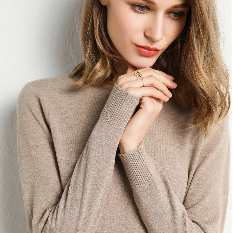 Color: Blue, Size: XL - Women Slim O-Neck Solid Pullover Cashmere Wool Blending Sweater Autumn And Winter Long-Sleeved Knit Bottoming Shirt Large Size
