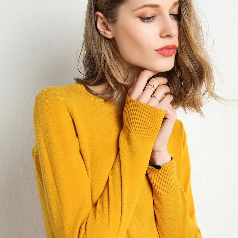 Color: Blue, Size: XL - Women Slim O-Neck Solid Pullover Cashmere Wool Blending Sweater Autumn And Winter Long-Sleeved Knit Bottoming Shirt Large Size