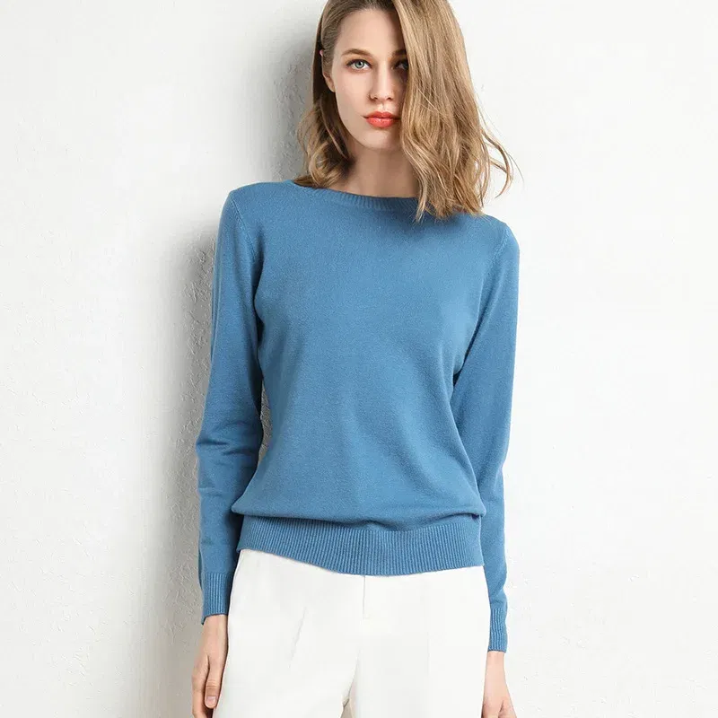Color: Blue, Size: XL - Women Slim O-Neck Solid Pullover Cashmere Wool Blending Sweater Autumn And Winter Long-Sleeved Knit Bottoming Shirt Large Size