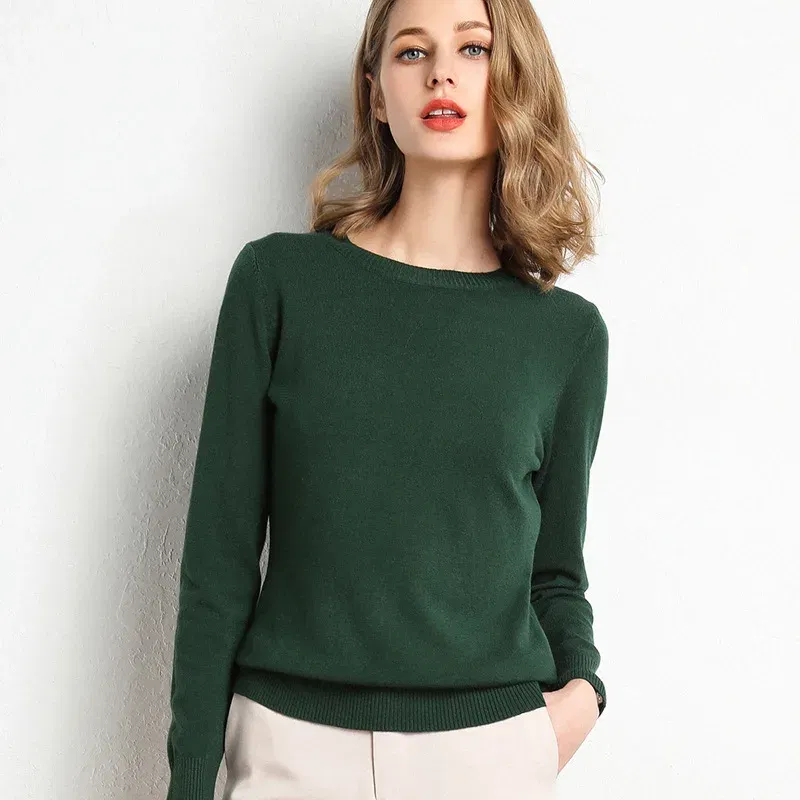 Color: Blue, Size: XL - Women Slim O-Neck Solid Pullover Cashmere Wool Blending Sweater Autumn And Winter Long-Sleeved Knit Bottoming Shirt Large Size