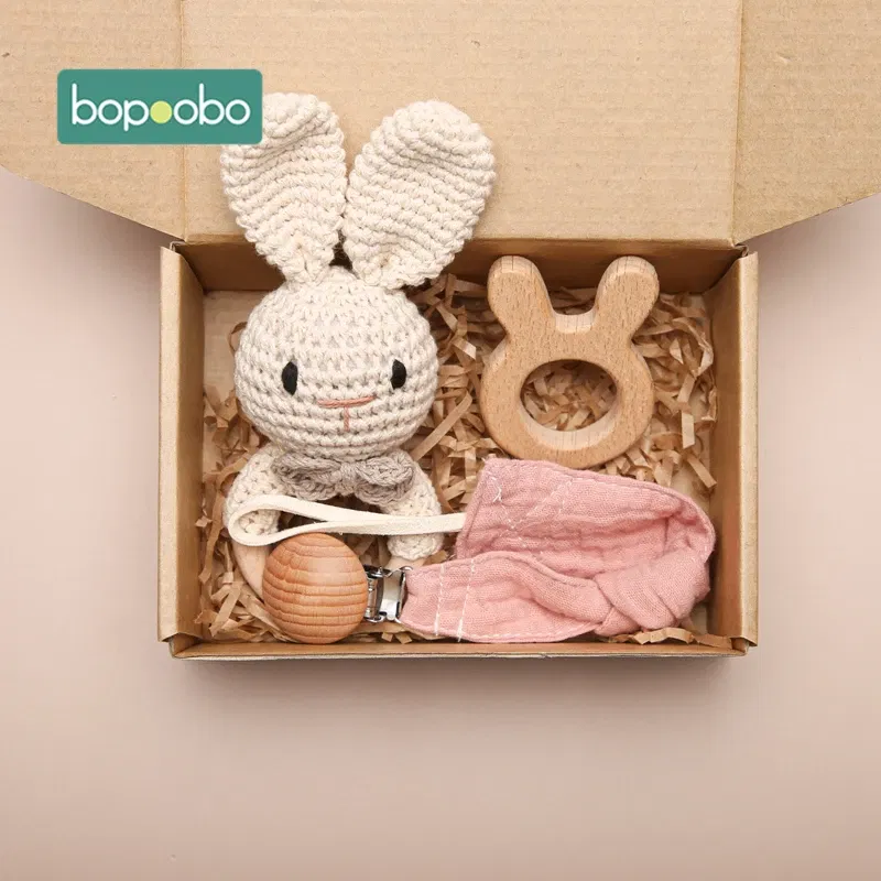 Color: GRAY - Bopoobo 3PCS/5PCS Crochet Bunny Baby Teether Rattle Animal Beech Wood Teether Pacifier Chain Crochet Rattle For Newborn Baby