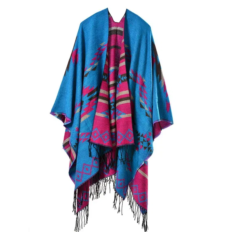 Color: Beige, Size: One Size - European American Popular Tassel Thickened Cashmere Like National Style Travel Fork Shawl Scarf in autumn Ponchos Capes P9