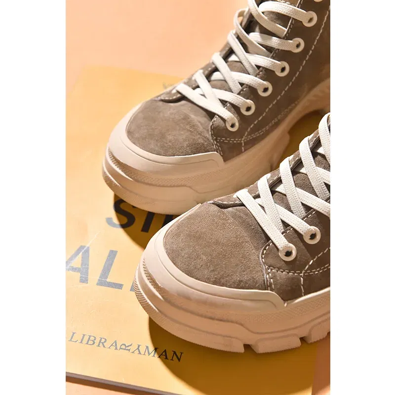 Color: Orange, Shoe Size: 9 - BeauToday Casual Sneakers Women Suede Leather Round Toe Lace-Free High Top Ladies Retro Fashion Flat Shoes Handmade 29575