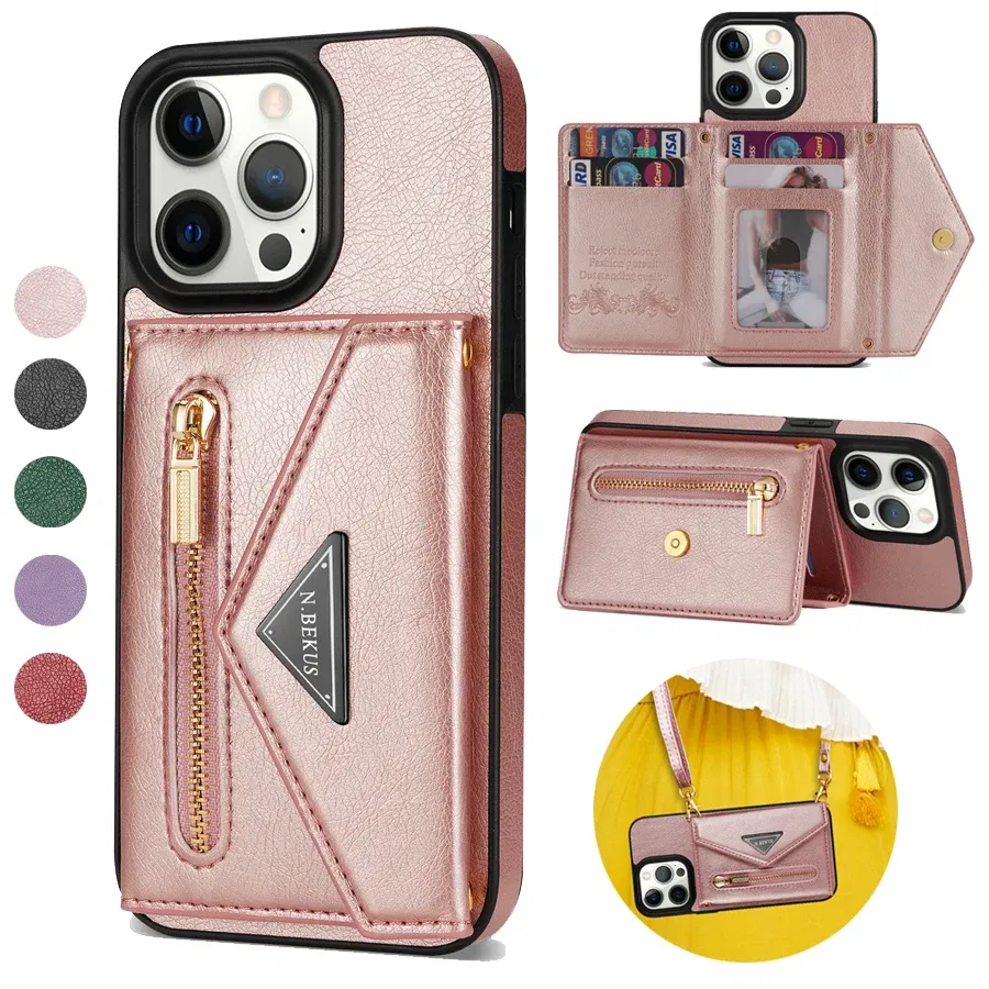 Color: Red, Material: POLYESTER - Wallet Side Card Zipper Flip Crossbody Leather Case For iPhone 15 14 Pro Max 13 Mini 12 11 SE 2022 2020 X XS XR 8 7 6 6s Plus