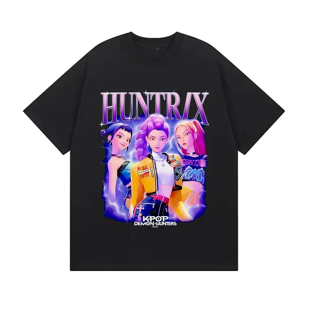 Color: black, Kid Size: 4T - Summer Huntrix Kpop Demon Hunters Graphics Cool Printed Girls Boys T Shirts High Quality Fashion Causal Tee Cotton Children Tops