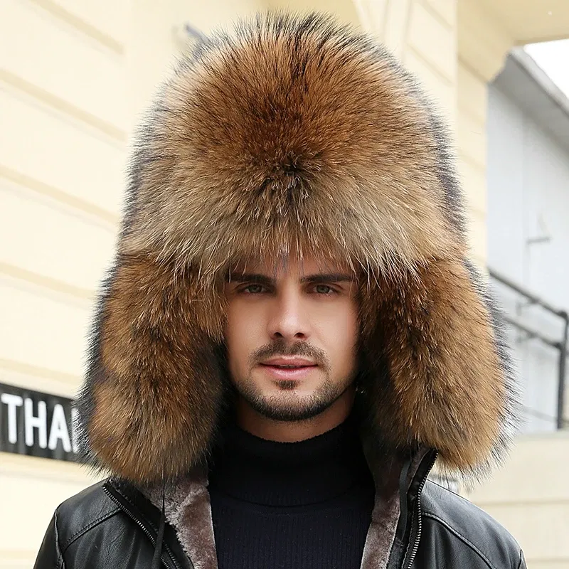 Color: black, Hat Size: 56 - 2025 Winter 100% Real Silver Fox Fur Bomber Hat Raccoon Fur Ushanka Cap Trapper Russian Men's Ski Hats Caps