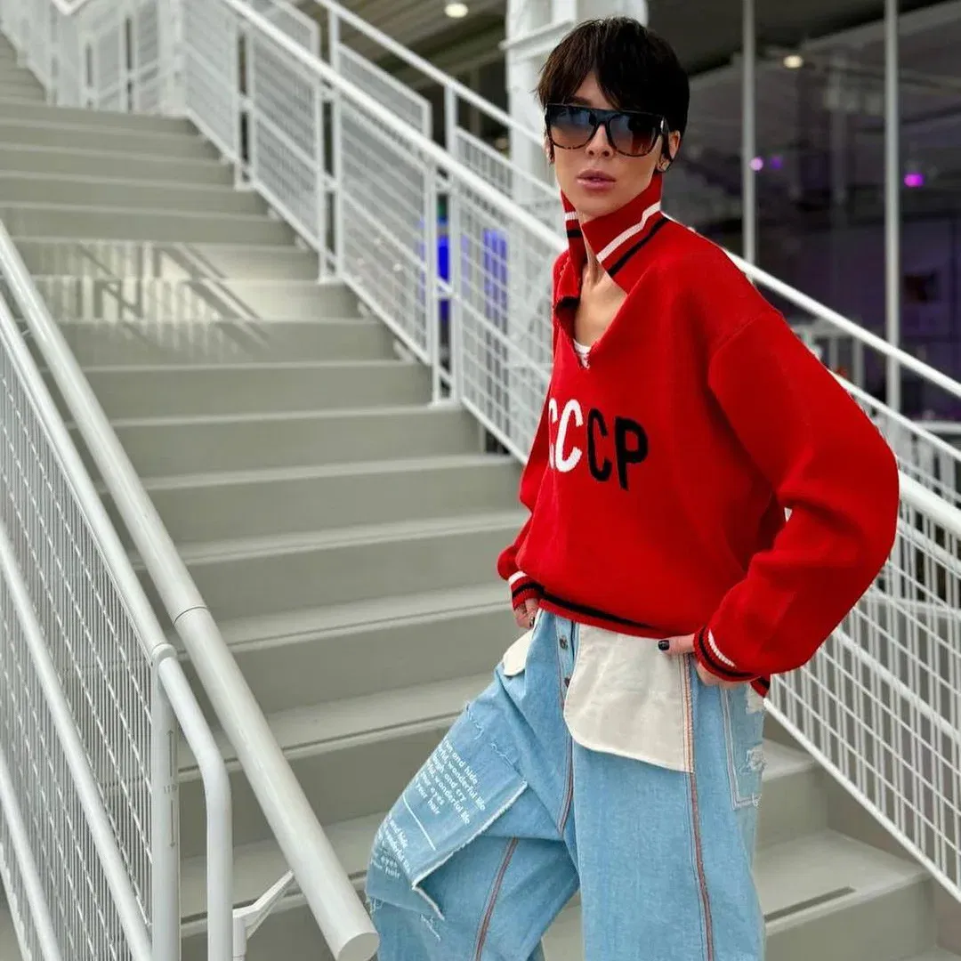 Color: Red, Size: L - JHJN Autumn V-Neck Sweater Women Patchwork Letter Streety Tops Loose Casual Pullovers Long-Sleeved Knitted Shirts Women Sweater