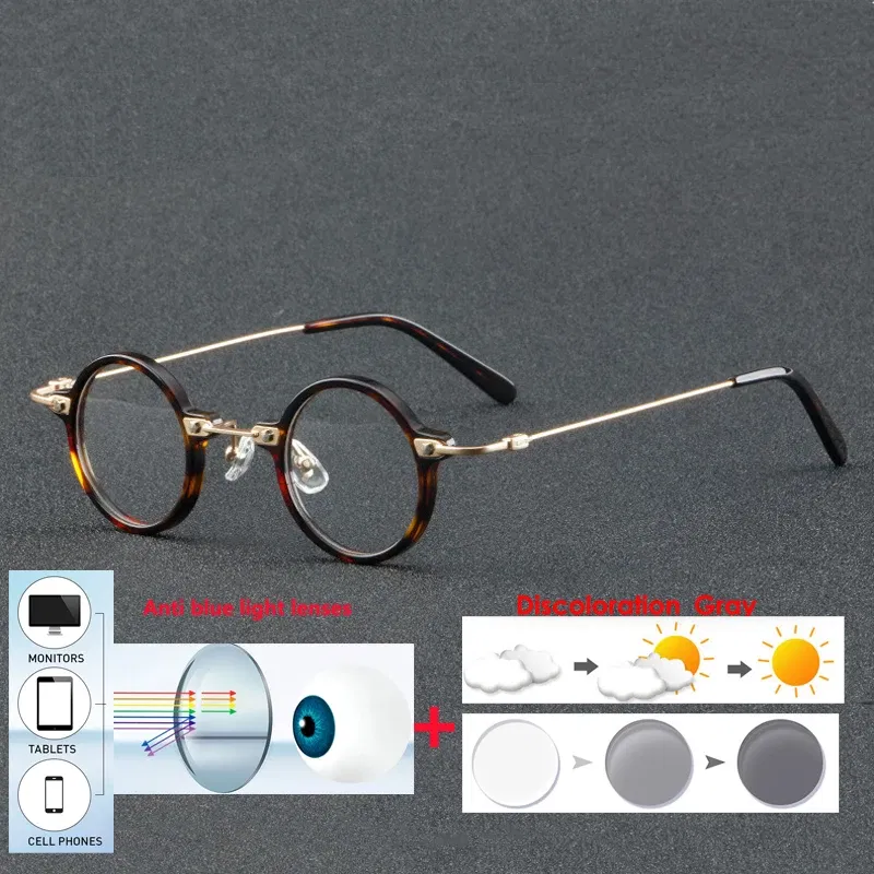 Frame Color: WHITE, Eye Prescription: +300 - VCKA Anti-blue Discolor Acetate+Titanium Myopia Glasses Frames Small Round Men Prescription Optical Women Eyewear -0.50 to -10.0