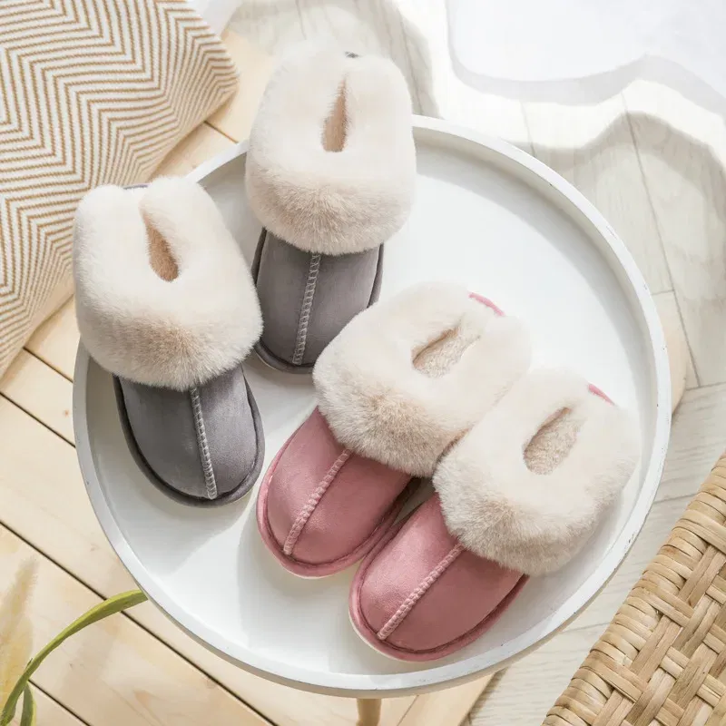 Color: Red, Shoe Size: 36 - Women's Faux Fur Slippers 2024 New Warm Thicked Plush Bedroom Sandals Woman Comfort Soft Sole Home Couple Winter Shoes Slides