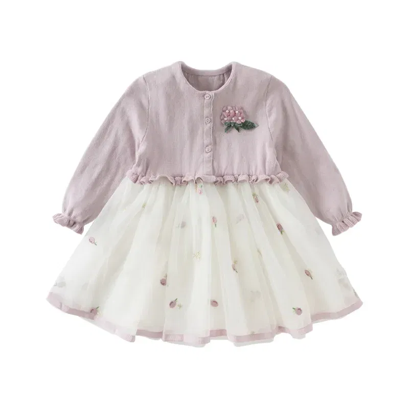 Color: Pink, Kid Size: 24 - Dave Bella 2025 Spring Girls Baby Princess Dress Children New Gentle Cute Embroidery Mesh Long Sleeved Party Outdoor DB1250340