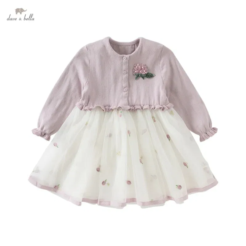 Color: Pink, Kid Size: 24 - Dave Bella 2025 Spring Girls Baby Princess Dress Children New Gentle Cute Embroidery Mesh Long Sleeved Party Outdoor DB1250340