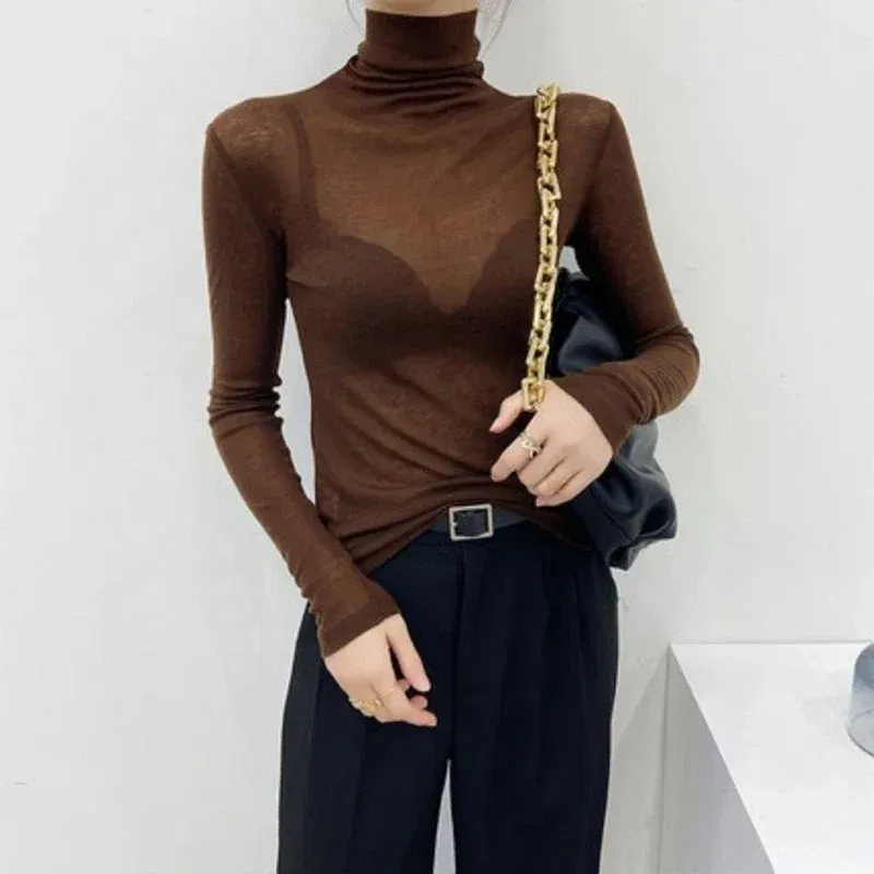 Color: GRAY, Size: M - New Fashion Basic Turtleneck Long Sleeve Women T-shirt Autumn Winter Long Sleeve Slim Stretch Tops Ladies Sexy Tees Plus Size