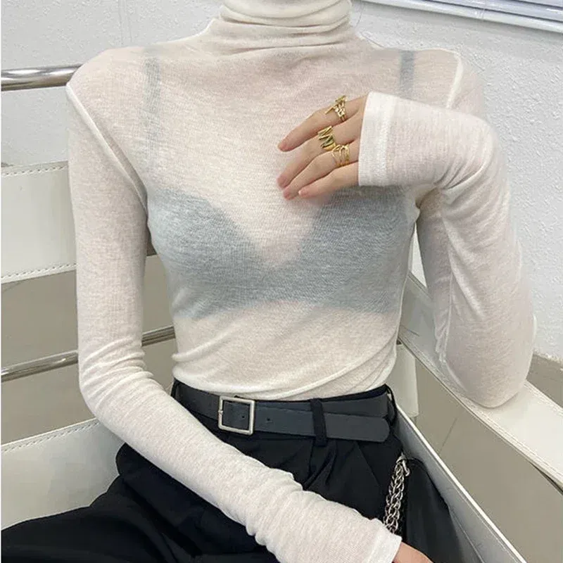Color: GRAY, Size: M - New Fashion Basic Turtleneck Long Sleeve Women T-shirt Autumn Winter Long Sleeve Slim Stretch Tops Ladies Sexy Tees Plus Size