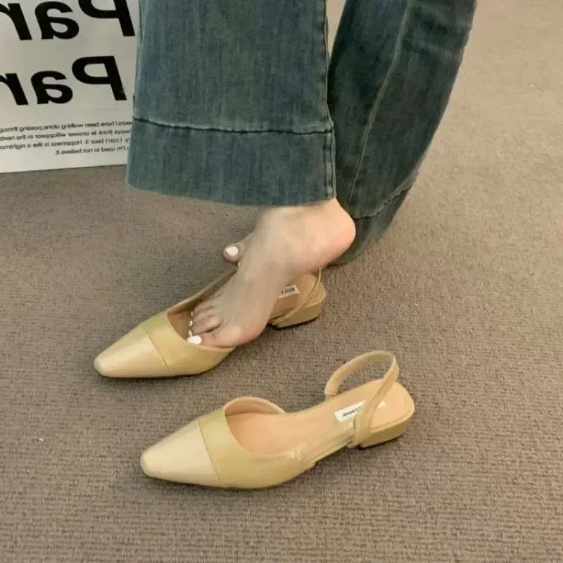 Color: WHITE, Shoe Size: 36 - 24Low Heel Baotou Sandals Women's French Nude Color Pointed Small Fragrant Style Ladies Thick Heels Back Air Style Single Shoes