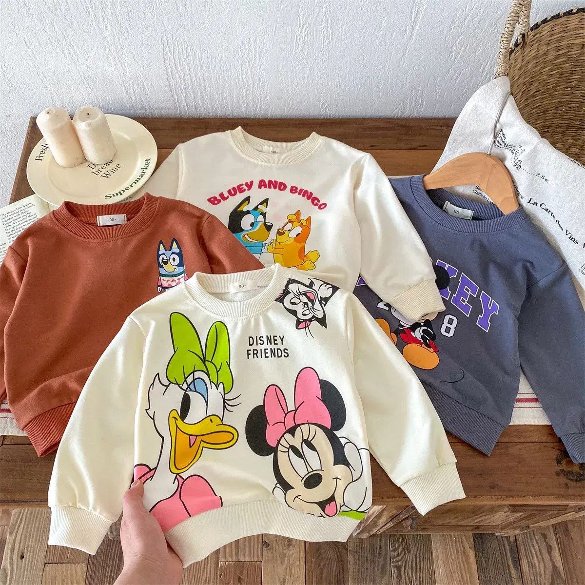 Color: Blue, Kid Size: 6M - Fashion Cartoon Printed Children Hoodies Crewneck Baby Boys Girls Long Sleeve Tops Loose Disney Kids Clothing Autumn Sweatshirts