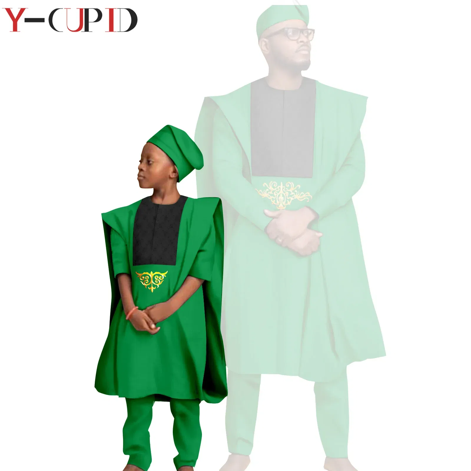 Color: Navy Blue, Size: Mother 4XL - African Clothes for Men Top Pants Robes Hat Sets Match Kid Boy Sets Dashiki Father and Son Bazin Riche Family Outfits Y20F001