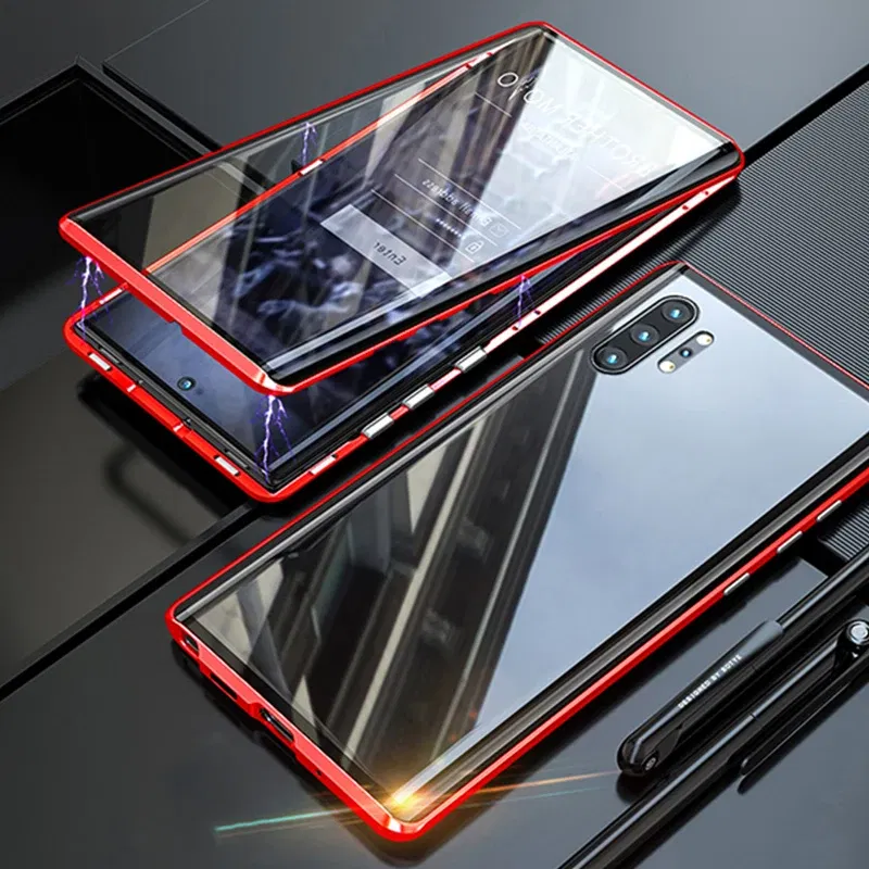 Color: Red, Material: PP - Full Wrap Metal Bezel Case For Samsung Galaxy S23 S22 Ultra S21 S20 FE S24 Note 10 20 Lite Plus Double-Sided Glass Back Cover