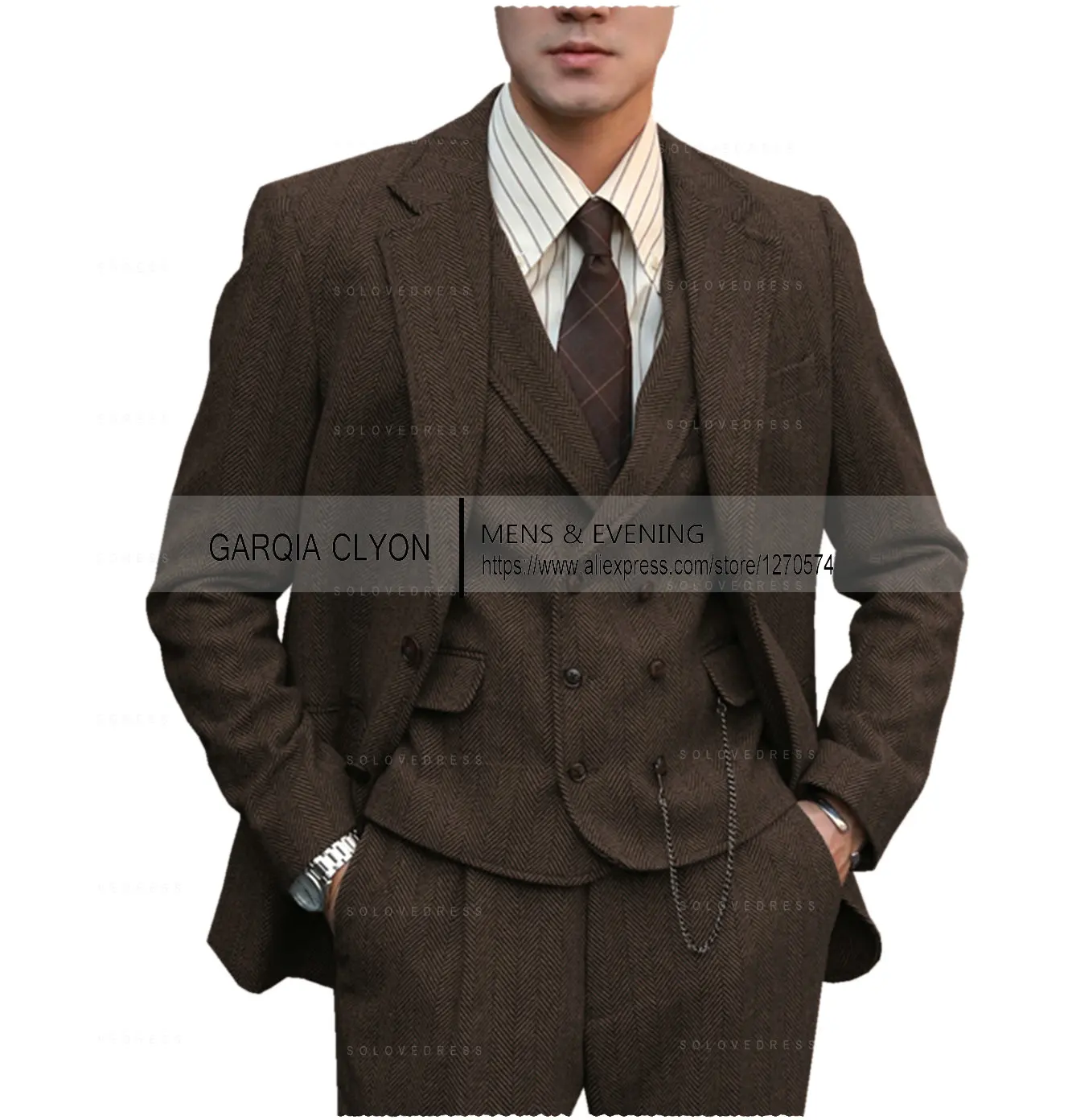 Color: army green, Size: XXL - Tweed Herringbone 3 Pieces Herringbone Men's Business Suits Single Breasted Slim Fit Groom  Formal Suits?€Blazer+vest+Pants?‰