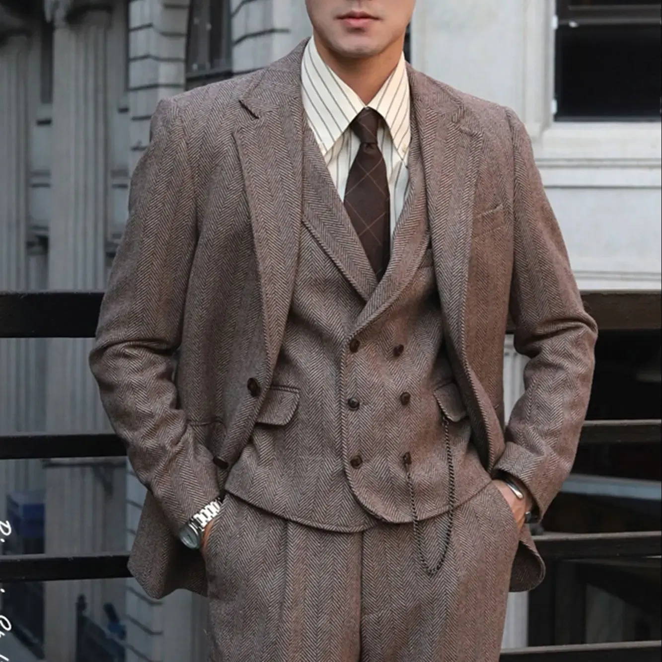 Color: army green, Size: XXL - Tweed Herringbone 3 Pieces Herringbone Men's Business Suits Single Breasted Slim Fit Groom  Formal Suits?€Blazer+vest+Pants?‰