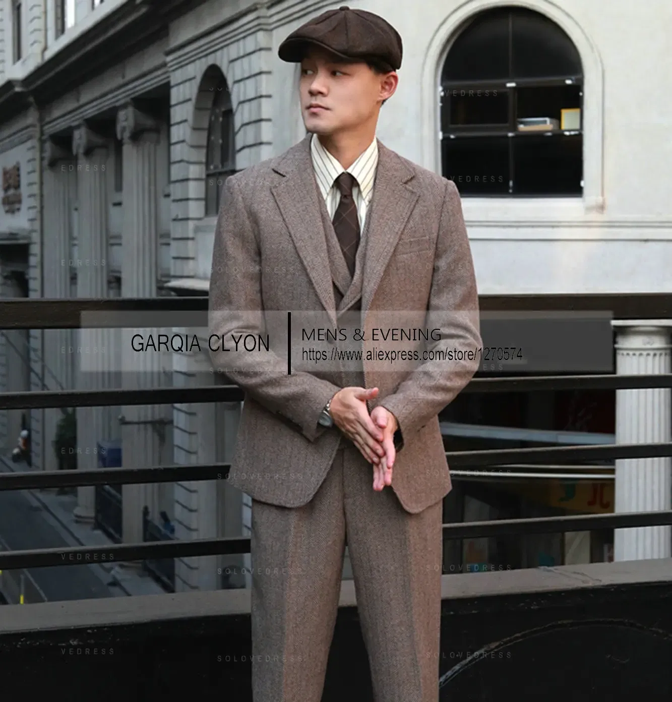 Color: army green, Size: XXL - Tweed Herringbone 3 Pieces Herringbone Men's Business Suits Single Breasted Slim Fit Groom  Formal Suits?€Blazer+vest+Pants?‰